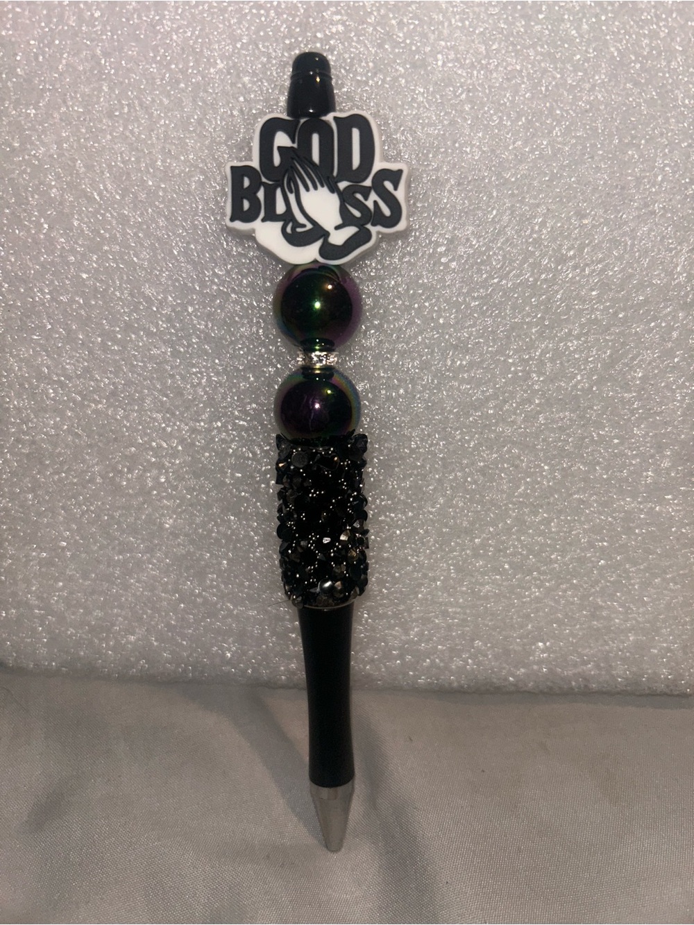 Hand Crafted Black Beaded Pen with Iridescent Accent and 'God Bless' Topper